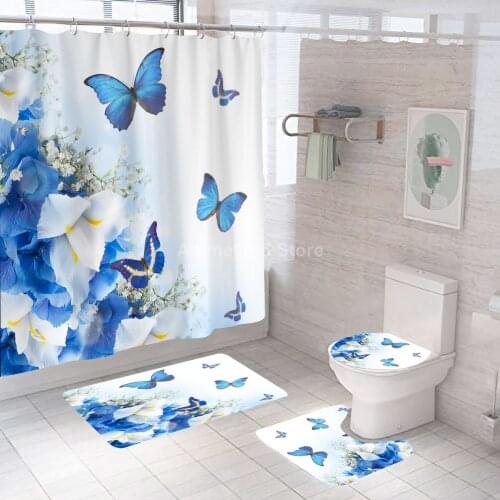 Blue Butterfly Flower Shower Curtain With Non Slip Rug Mat Bathroom Curtains Waterproof Polyester Bathroom Curtain with Hooks