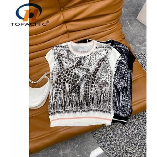 7.7 High End Quality Casual Loose Animal Print Silk Spliced Short Sleeve Knitted T-Shirt Women
