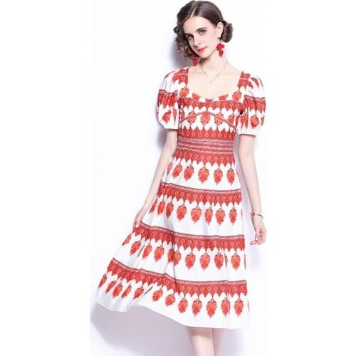 Women Summer Dresses Office Lady LOOSE Printing Mid-Calf Women Elegant Dresses Square Collar 2021 New Party Night Women Dresses