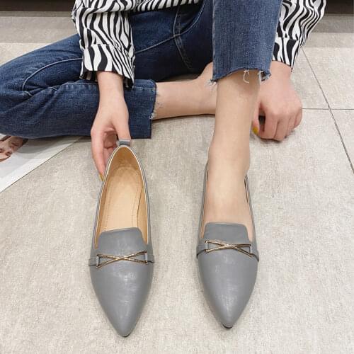 2021 Spring Summer Shallow Pointed Toe Basic Flats Grey Womens Shoes Madam Comfortable Slip-On Soft PU Leather Casual Shoes