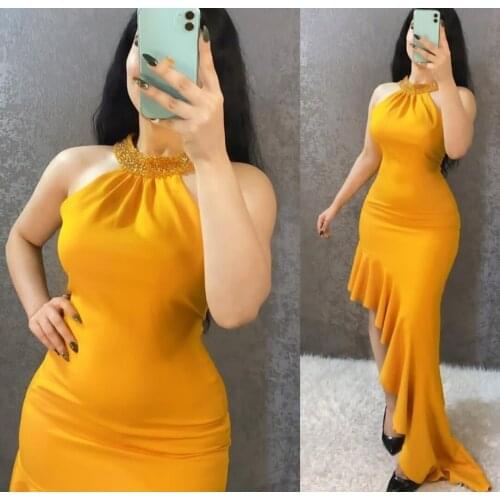 Muslim Mermaid Beaded Long Evening Dresses Zipper Back Satin Sweep Train Ruffled Abendkleider Robes de Soirée for Women