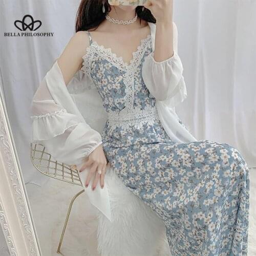 Bella Summer Floral Lace Dress Women Chic Spaghetti Straps Backless Elastic Midi Dress Casual Holiday Lady 2 PCS Boho Vestido