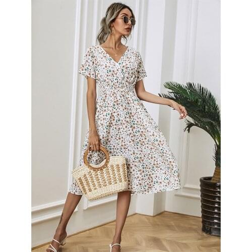 Chiffon Dress Summer Dress 2021 Retro Yellow Red Floral Print Female Casual V-neck Short-sleeved A-line Beach Long Robe Dress