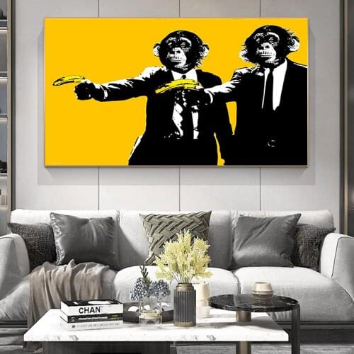 Orangutan Monkey Art Canvas Print Painting Gorilla Holding Banana Animal Funny Modern Yellow Wall Picture Home Decoration Poster
