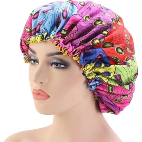 1pcs Large Sleep Cap African Print Lined Sleep Cap Fabric Hair Bonnet Satin Night Sleep Hat Ladies Turban shower cap