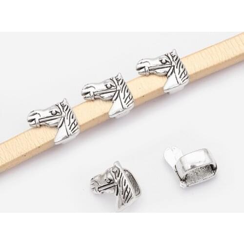 10 pcs Antique Silver Color Horse Head Slider Spacer Beads For 10x6mm Licorice Leather Cord Bracelet Jewelry Findings Making