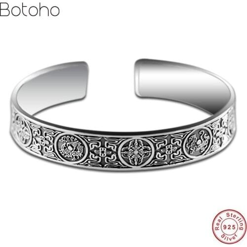 100% 999 Silver colour Vintage Bangle Bracelet For Man Chinese Four Great Beasts Power Meaning Men Bangle Jewelry Open Cuff gift