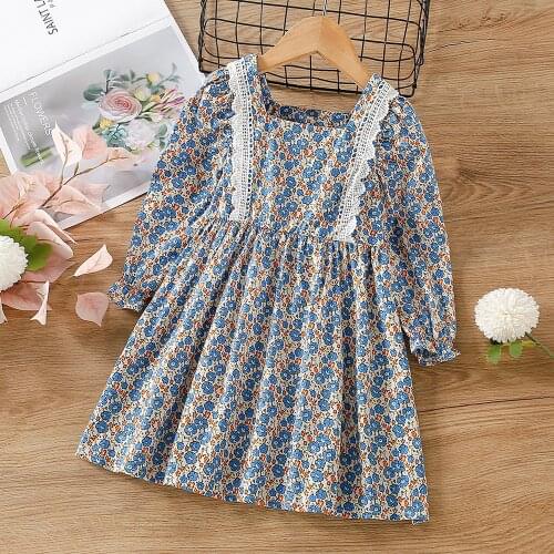 2021 Ditsy Floral Print Lace Patched Girls Dress Autumn Baby Kids Long Sleeve Square Collar Blue Boho Dress Clothes for Girls