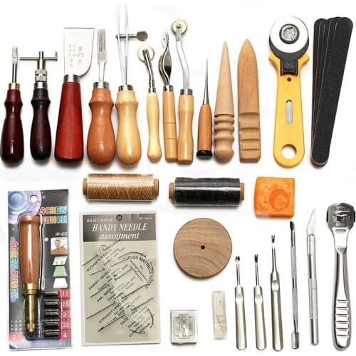 37 Pcs Leather Craft Tools Kit Hand Sewing Stitching Punch Carving Saddle Groover E2S