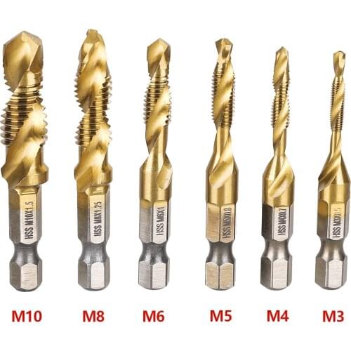 6Pcs Hex Shank Titanium Plated HSS Screw Thread Metric Tap Drill Bits Screw Machine Compound Tap M3 M4 M5 M6 M8 M10 Hand Tools