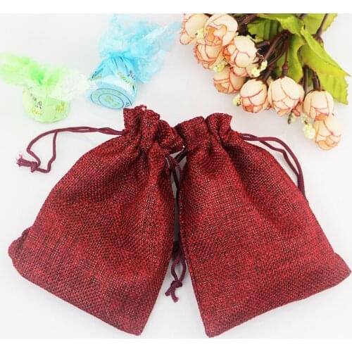 7*9cm 10pcs/lot Vintage Style handmade Dark Red Jute bag Sacks Drawstring pouch gift bags wedding favors jewelry Packaging Bags