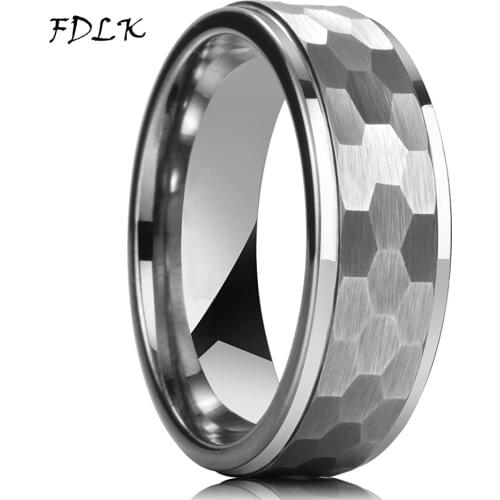 8MM Mens Silver Hammered Tungsten Carbide Ring With Polished Stepped Edges Multi-Faceted Men Engagement Ring Anniversary Gifts