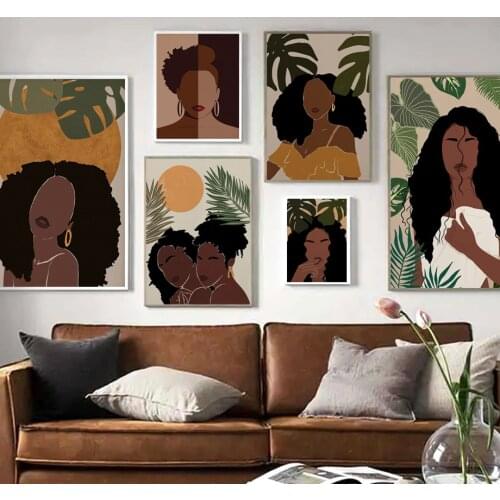 Abstract Sun Black Girl Illustration Nordic Posters And Prints African Art Canvas Painting Wall Pictures For Living Room Decor