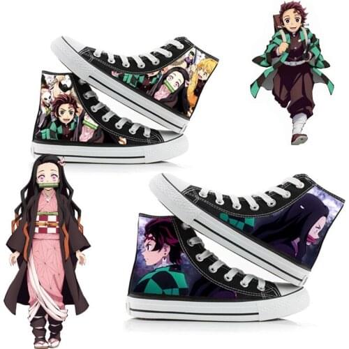 Anime Demon Slayer Kimetsu No Yaiba Kamado Tanjirou Nezuko Cartoon Students High Help Cosplay Cos Casual Canvas Shoes