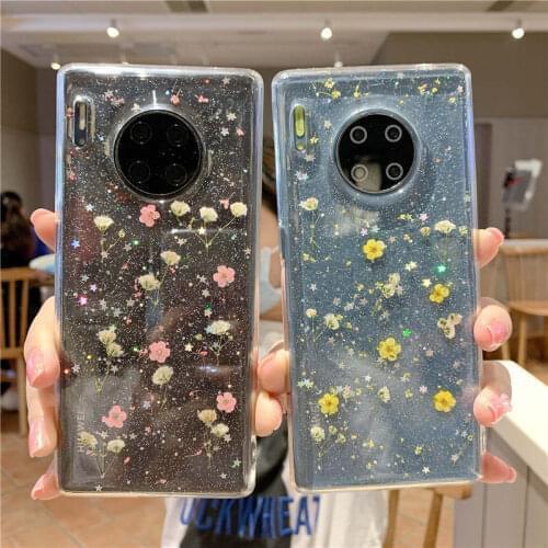 Glitter Dried Flower Phone Case For Huawei P20 P30 P40 Lite Mate 30 Pro Nova 4 5 6 7 7se Honor 20 Pro P 30 Soft TPU Back Cover