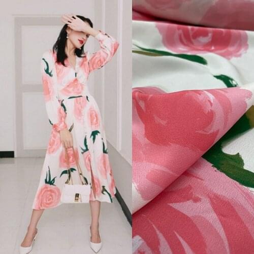Big Rose Pink Black Crepe de Chine Brand Polyester Printed Fabric Fashion Cloth for Dress Shirts High-end Custom Sewing Material