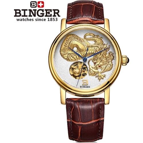 Skeleton Watches Luxury Brand Watch Automatic Mechanical Watches Chinese Dragon Hand-Carved Leather Strap Men Watch Sapphire