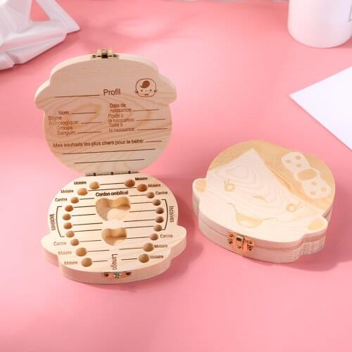 Wood Baby Tooth Box Organizer English Spanish German French Kid Children Milk Teeth Save Storage Lanugo Holder Case Toothbox