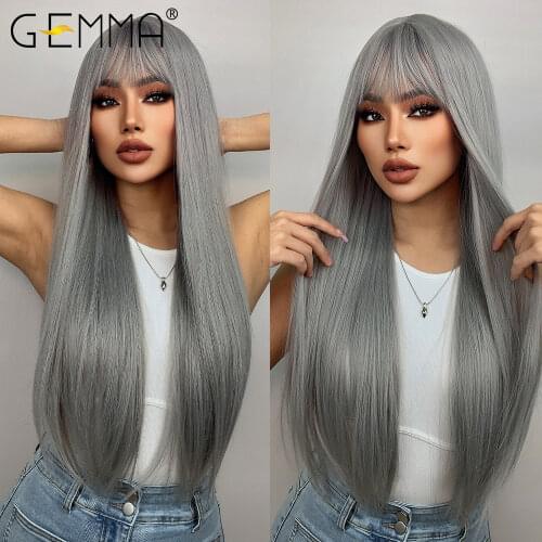 GEMMA Long Straight Light Purple Synthetic Wigs for Women Girls Cosplay Party Lolita Hair Wigs with Bangs Heat Resistant Fiber