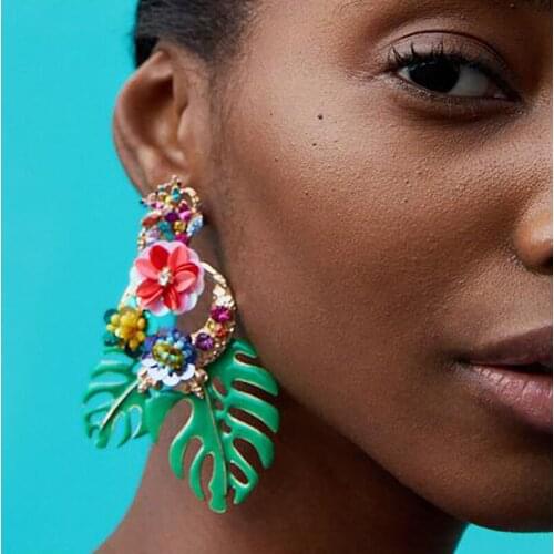 HOCOLE Fashion Big Multicolor Leaf Statement Earrings Boho Handmade Flower Crystal Stud Earrings Women Wedding Ethnic Jewelry