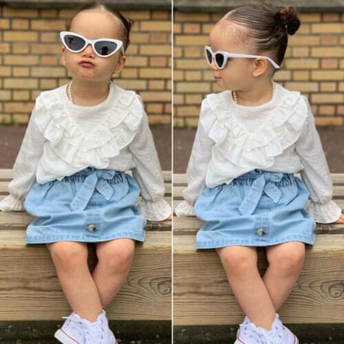2pcs Princess Toddler Baby Girl Long Sleeve Ruffle Tops+denim Dress Clothes Set