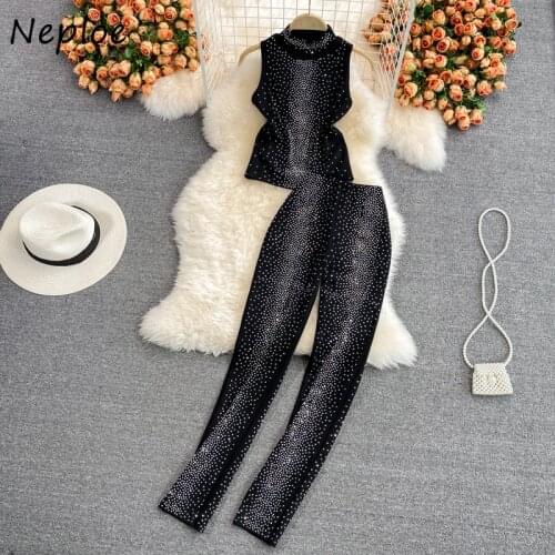 Neploe Fashion Diamonds Female Two Piece Pant Sets O-neck Sleeveless Tops + High Waist Elastic Silm Pencil Pants Women Suits