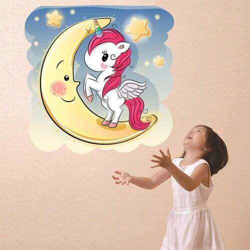 Cartoon moon unicorn green wall stickers childrens room living room bedroom decoration wallpaper decals for kids wall decor