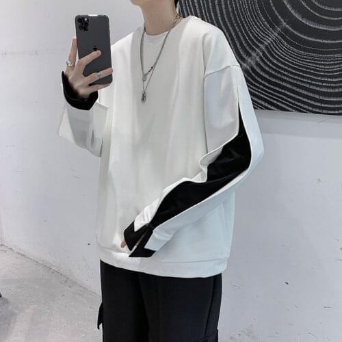 Mens Stitching T-shirt O-neck Long-sleeved Fake Two-piece Design Tops Loose Male Clothes Casual Tide Streetwear Spring Autumn