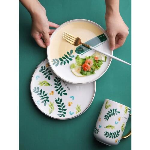 Nordic Style Eucalyptus Leaf Dinnerware Set Plate Rice Bowl Mug Set Dessert Fruit Food Container Decorative Tableware 8 inch