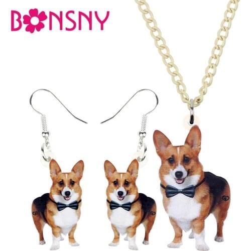 Bonsny Acrylic Bow-knot Corgi Dog Necklace Earrings Jewelry Sets Sweet Pets For Kids Girls Teen kid Charms Party Gift Decoration