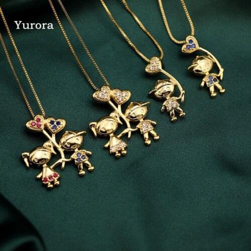 Charm Lovely Girl Boy Pendant Necklace Cubic Zirconia Gold Color Family Love Little Heart Mom Necklace Gift Fashion Jewelry 2021