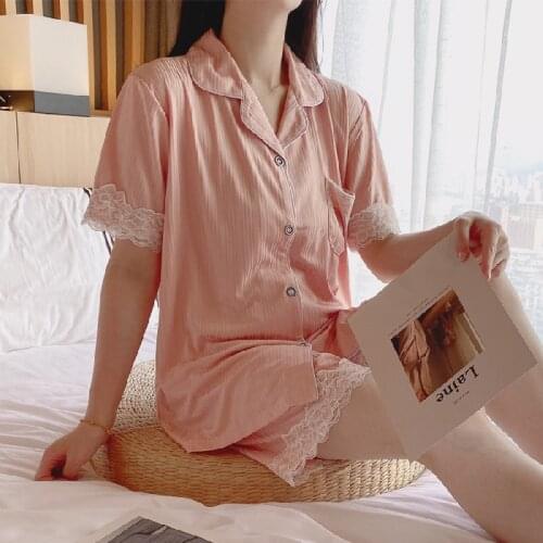 2021 New Sleepwear Short Sleeve Shorts 2PCS Pajama Sets Ladies Sweet Lace Trim Nightwear Summer Cotton Home Wear Casual Pyjama