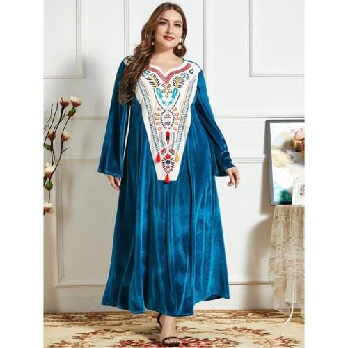 Plus Size Velvet Abaya Dubai Kaftan Muslim Women Dress Embroidery Jilbab Arabic Robe Turkish Eid Mubarak Ramadan Islamic Clothes
