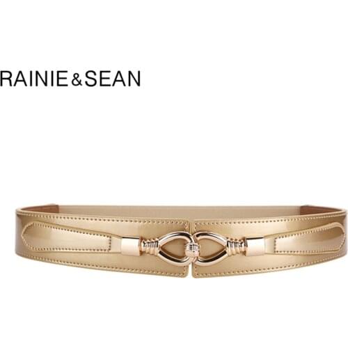RAINIE SEAN Women Belt Patent Leather Elastic Waist Belt Genuine Leather Gold Black Silver Ladies Stretch Belt Accessories