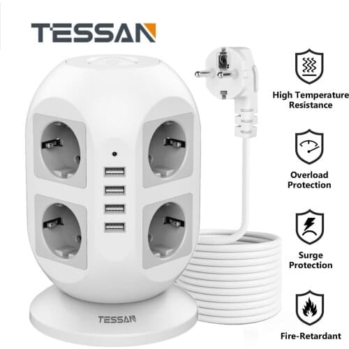 Tower Multi Power Strip Vertical EU Plug 8 Way Sockets with 4 USB Ports Surge Protector Circuit Protection and 2m Extension Cord