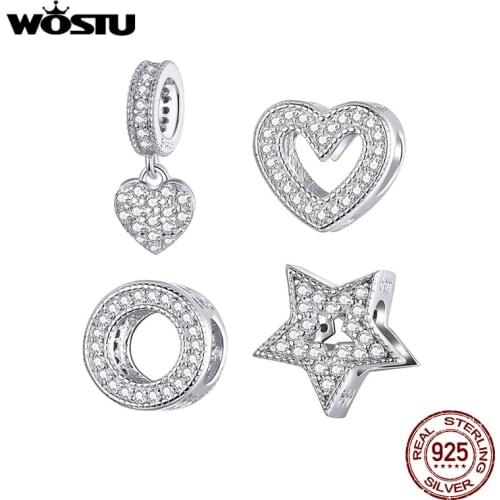 WOSTU Shiny Zirconia Charm 100% 925 Sterling Silver Heart Star Round Bead Pendant Fit Original Bracelet DIY Jewelry Accessories