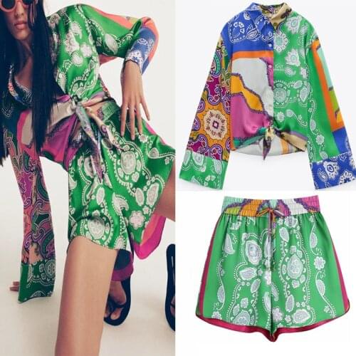 Za Summer Print Women Shorts Patchwork Long Sleeve Shirt Summer Set Woman Chic High Waist Loose Sandy Beach Shorts Female Suit