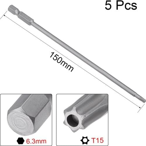 Uxcell 5 Pcs 1/4" Hex Shank T15 Magnetic Security Torx Screwdriver Bits 150mm Length