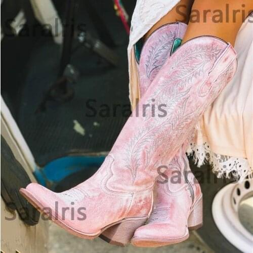 SARAIRIS Pink Elegant Fashion Modern Western Boots Square Heel Big Size 43 Great Quality slip-on Women Shoes