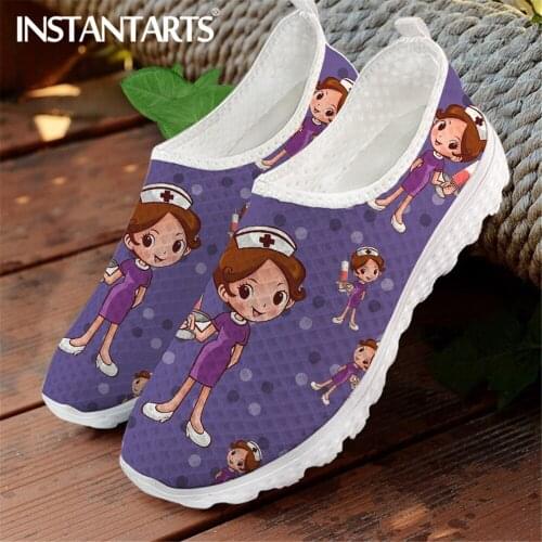 INSTANTARTS Purple Nurse Shoes Flats Sneakers Cute Cartoon Nursing Print Mesh Footwear for Ladies Summer Slip on Loafers Mujer