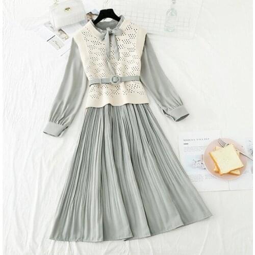 Two Piece Set Women Elegant Pleated Long Dress 2020 New Knitted Vest + Long sleeve Bow Bandage Dress Fashion Suit