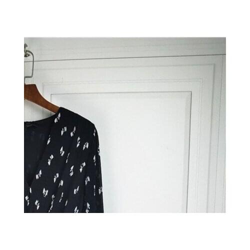 Women Black Long Sleeve Mini Dress 2021 New Autumn Pleated Bow Print Elastic High Waist Lantern Sleeve V Neck Ladies Robe