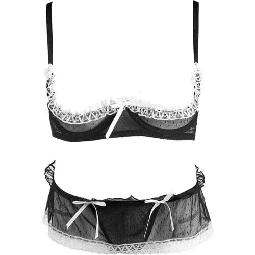 Womens Ladies Sissy Lace Trimming Exotic Lingerie Suit Adjustable Strap Open Nipples Unlined Bra with Low Waist G-string Panties