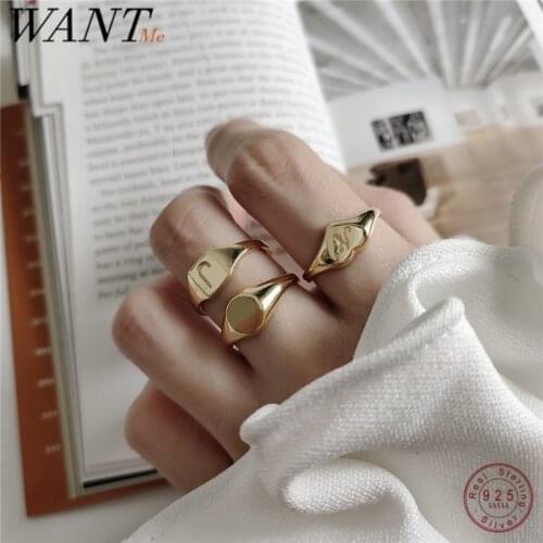 WANTME Genuine 925 Sterling Silver Geometric Golden Heart Letter J Open Ring for Women Party Wedding Fine Jewelry Accessories