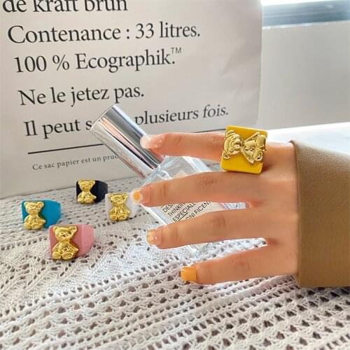 FNIO New Ins Creative Cute Colorful Little Bear Ring Vintage Love Heart Rings For Women Girls Fashion Jewelry