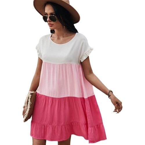 Casual Color Contrast Patchwork Women Summer Dress 2021 O-Neck Petal Sleeve Loose Mini Beach Dress Vestidos