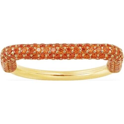 SOELLE S925 Sterling Silver Yellow Gold Color Orange Zircon Rectangle Geometric Finger Ring Women February Fashion Fun Jewelry