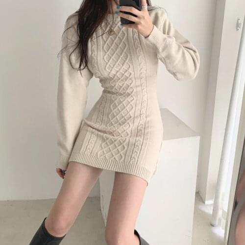 2021 Korean Fashion Winter Dresses Chic Sexy Hollow Back Long Sleeve Sweater Dress Women High Waist Knitted Casual Bodycon Dress