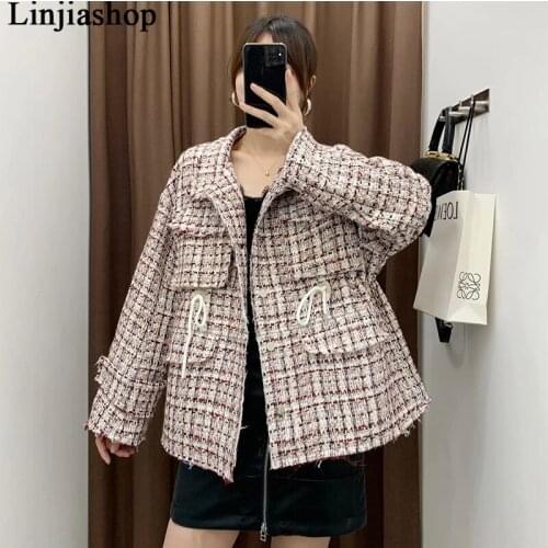 Lady Autumn Fashion Coat Pockets Long Sleeve Tweed Coats Turn Down Collar Jacket Women Outerwear Streetwear Manteau Femme