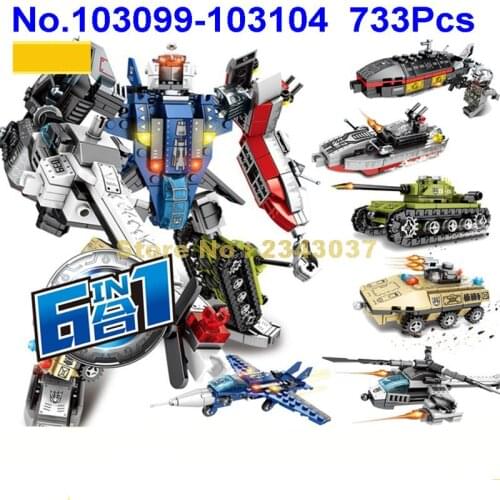 103099-103104 733pcs Deformation Robot Military Tank Fighter Helicopter Submarine Armoured Vehicle Building Blocks Toy